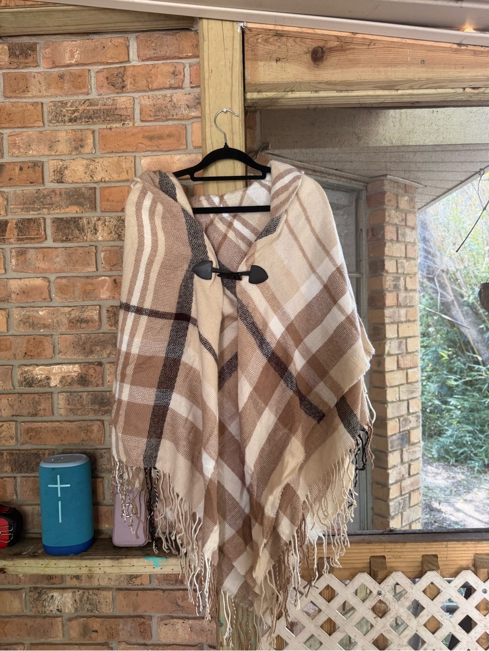 Beige Plaid Fringe Throw Poncho - Unbranded